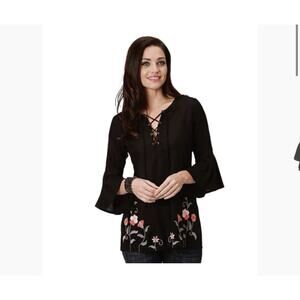 Roper Women's Challis Peasant Blouse Size Medium Black Embroidered Boho Western